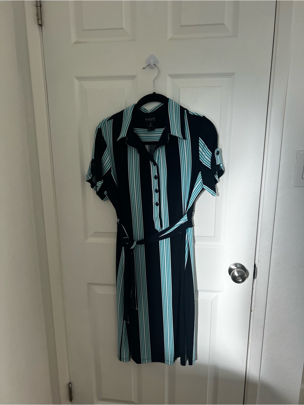 Enfocus Studio Black and Aqua‎ Striped Midi Shirt Dress